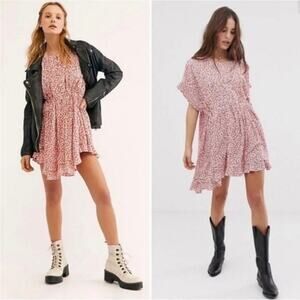 Free People One Fine Day Dress red floral print bohemian mini oversized boho S